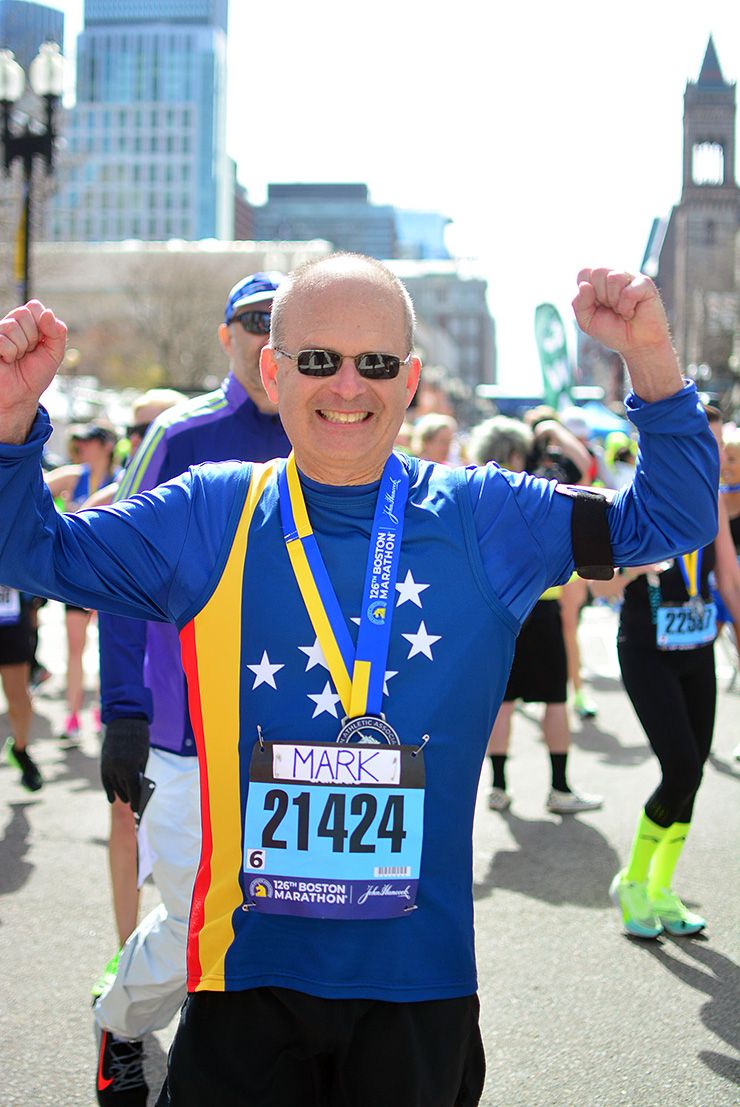 Mark Walters celebrates after crossing the finish line of the Boston Marathon. Photo courtesy of Mark Walters.
