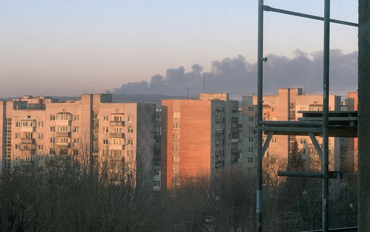 Melissa Babb captured the aftermath of smoke from a missile strike while working at a hospital in Lviv, Ukraine. Photo courtesy of Melissa Babb.