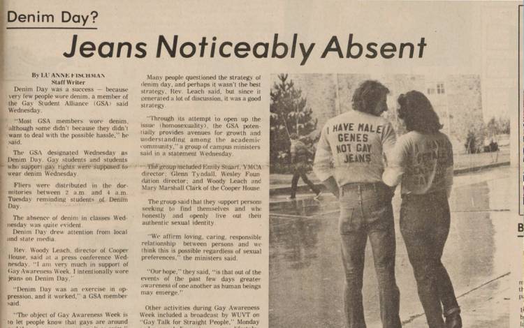 Virginia Tech's student newspaper covered 1979's Denim Day, which was a disappointment for the organizers from the Gay Student Alliance. Photo courtesy of Nancy Kelly.