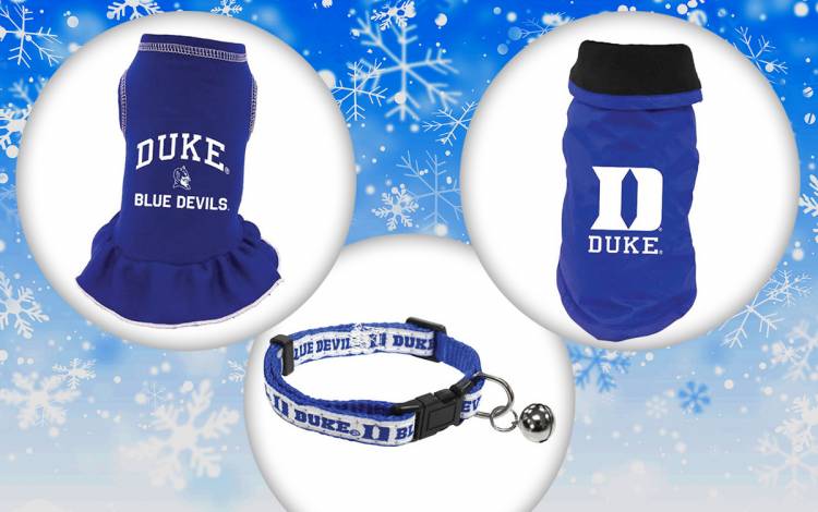 From warm jackets to Duke blue collars, you can find plenty of gift ideas for pets at Duke University Stores. Images courtesy of Duke University Stores. Two pet sweaters and a cat collar.