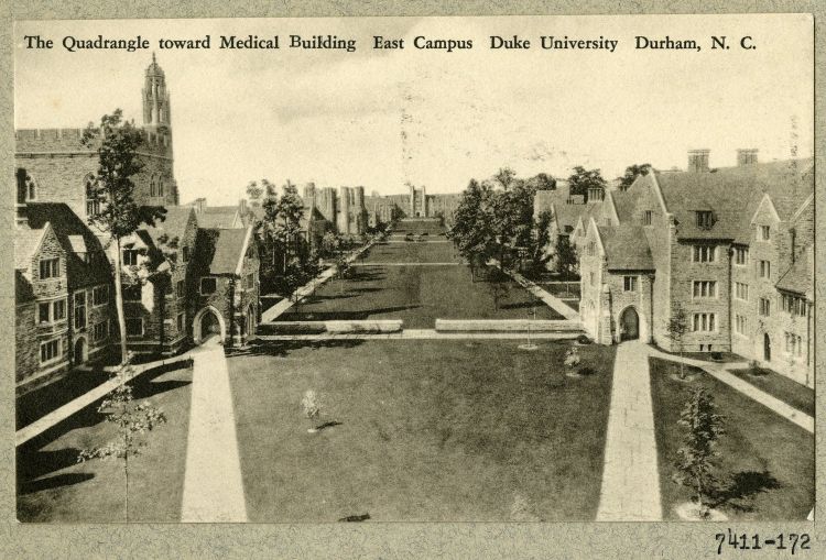An early view of West Campus, looking toward the Davison Building, shows how plantings can soften the hard lines of a quadrangle. Image courtesy of the National Park Service, Frederick Law Olmsted National Historic Site. 