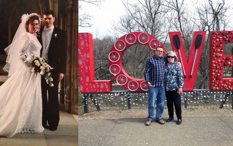 (Left) Ronda and Tim Pulliam on the day of their wedding at Duke University Chapel. (Right) Tim and Ronda in Lynchburg, Va.