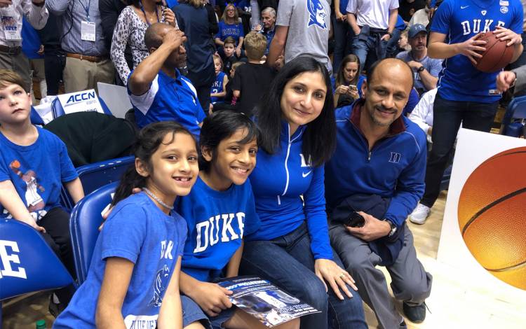 Left to right: Sophie, Aedan, Rukmini and Suresh Balu at a Duke Basketball game. Photo courtesy of Rukmini Balu.