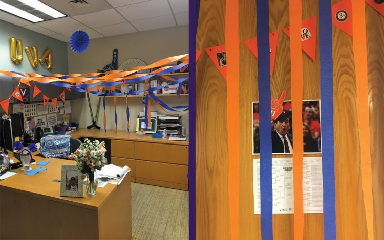 Sara Wakefield's colleagues decorated her office and door following Virginia's victory in the 2019 NCAA Tournament title game. Photo courtesy of Sara Wakefield.