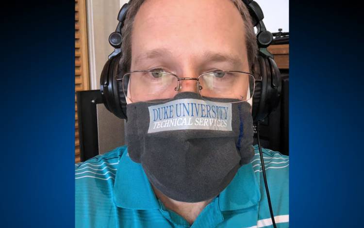 Selden Smith repurposed an old Duke Technical Services T-shirt into a face covering. Photo courtesy of Selden Smith.