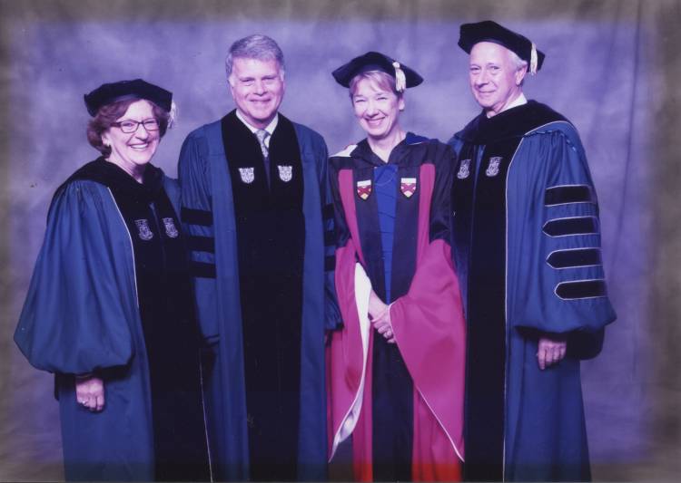 Deborah Jakubs in 2013 with then-trustee Paula Burger, former University Librarian David Ferriero and then-President Richard Brodhead.