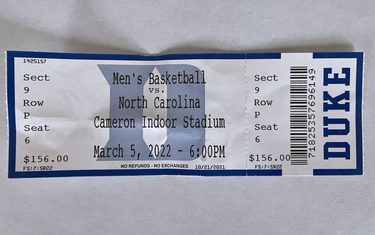 Flamion's ticket to Coach K's final home game coaching the Blue Devils. Photo courtesy of Donna Flamion.