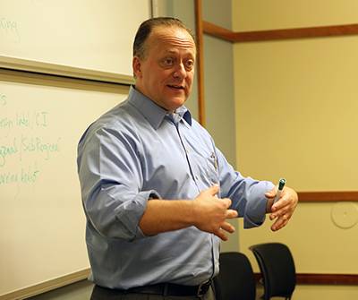 Tim Nichols says the Duke students and military fellows bring out the best of each other in the classroom discussion. Photo by Julie Schoonmaker