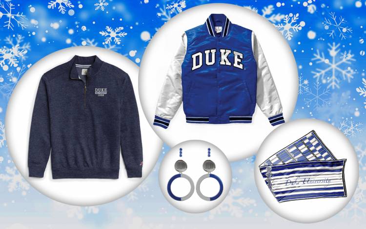 Items such as earrings, sweaters, hats and scarves are among the gifts you can only find at Duke University Stores. Images courtesy of Duke University Stores. A sweater, jacket, hat and earrings.