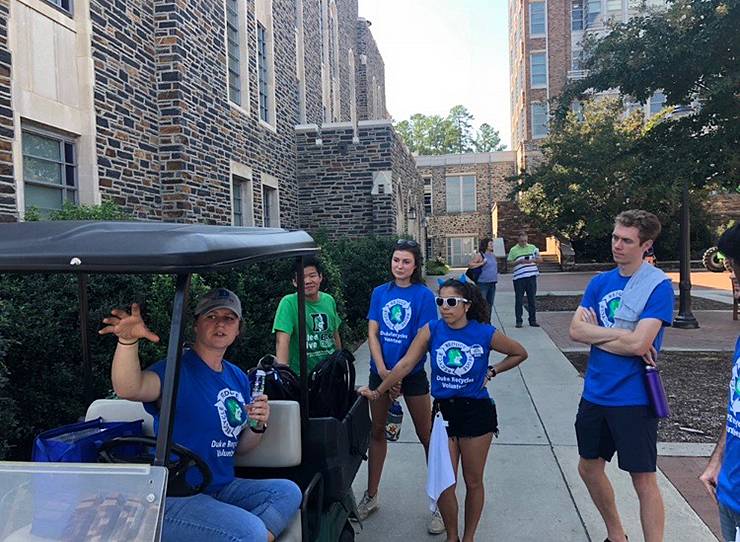 Staff members from Duke Facilities Management and Sustainable Duke have organized the Zero Waste Game Day efforts for five years. Photo courtesy of Sustainable Duke.