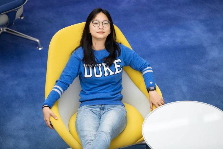 Duke student Angie Xie said the lobby of the Innovation Building at Duke Kunshan University is one of her favorite places on the Duke Kunshan campus. (Photo/Qiling Wang)