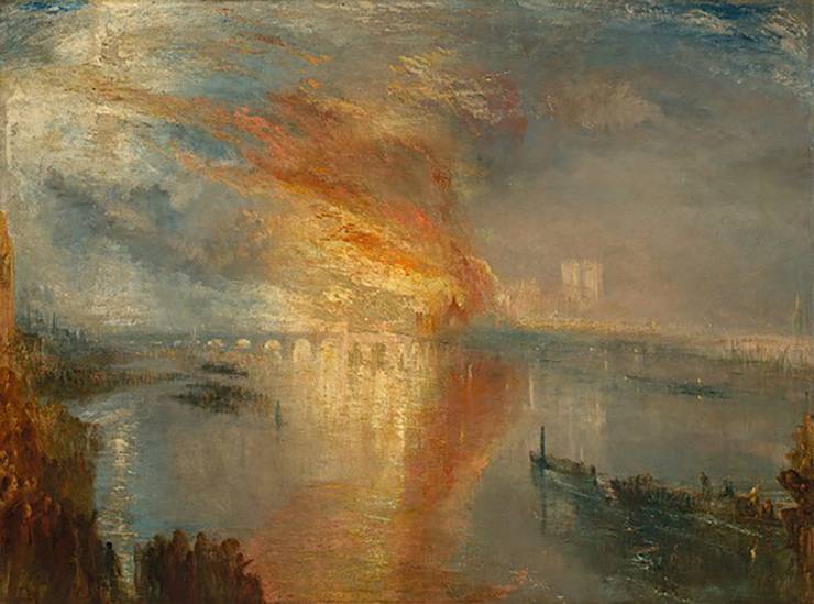 A painting of fire lighting up the sky above water.