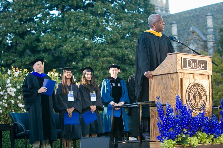 Durham Mayor William Bell offers greetings from the local community at the inaugural ceremony. Photo by Duke Photography