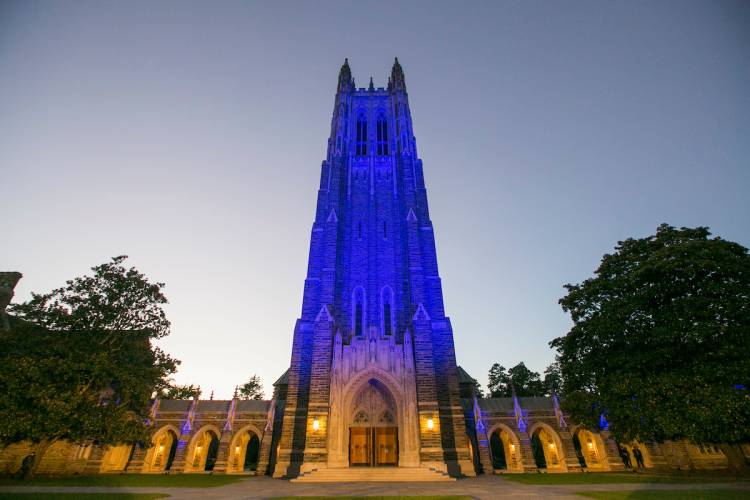 Following the inaugural, Duke lit the chapel a traditional Duke blue. Photo by Duke Photography