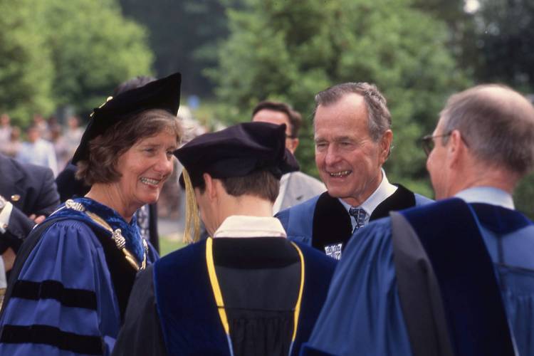 Former President George H. W. Bush with Duke President Nannerl O. Keohane at the 1998 commencement ceremony. Courtesy University Archives