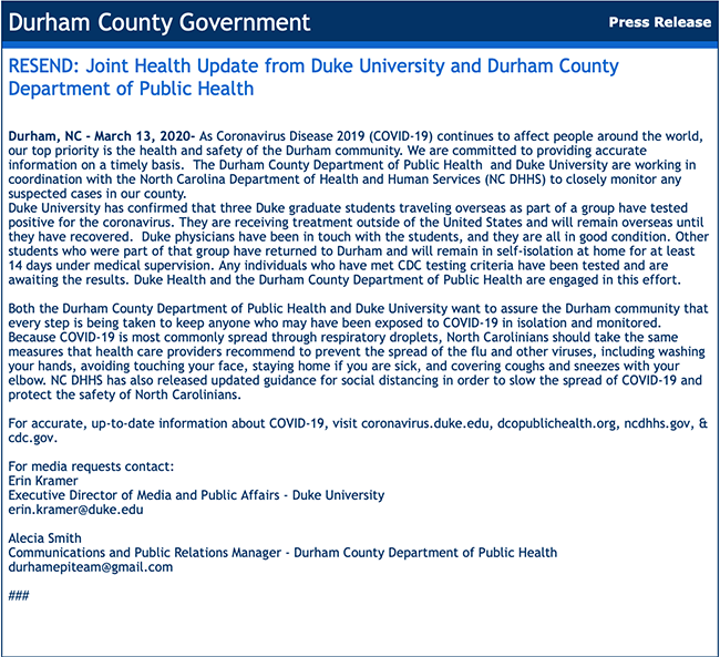 COVID-19 Testing  Durham County - NC - Public Health