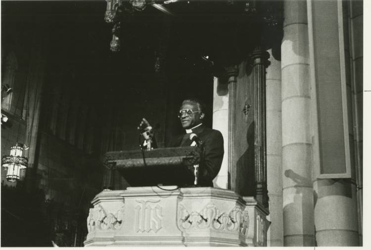 South African activist Desmond Tutu spoke at Duke University Chapel on Jan. 19, 1986. Photo courtesy of Duke University Archives.