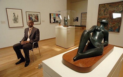 Elizabeth Catlett’s “Star Gazer” (foreground) was on view at the Nasher Museum in 2006, as part of “Something All Our Own: The Grant Hill Collection of African American Art.” A.P. Photo by Sara D. Davis.