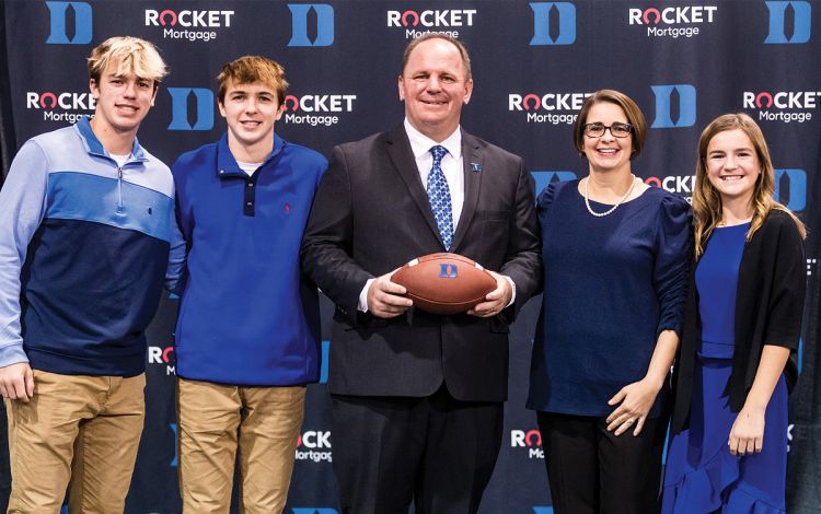 Mike Elko poses with his family at his introductory press conference in December 2021. Photo courtesy of Duke Athletics.
