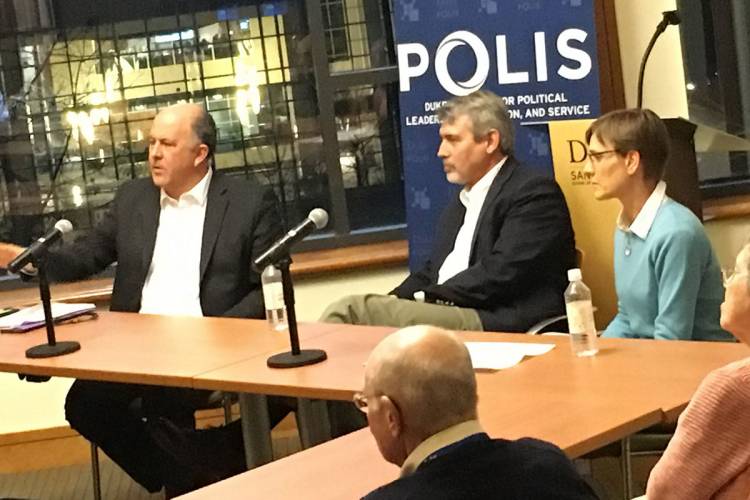 Freedom House's Mike Abramowitz talks with Fritz Mayer and Judith Kelley about global political trends affecting freedom. Photo by BJ Rudell