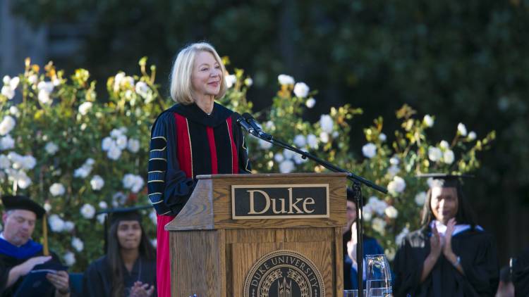Amy Gutmann, president of the University of Pennsylvania, tells the Duke community how much it will value her Penn colleague Vince Price. Photo by Duke Photography
