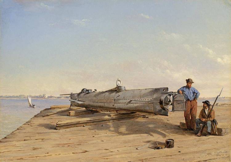 An artist drawing of HL Hunley with his submarine