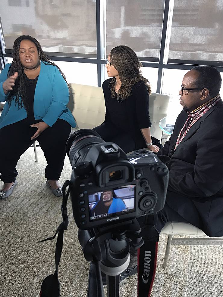 Mark Anthony Neal, right, interviews author and activist Brittney Cooper, left, and writer and commentator Melissa Harris-Perry in 2018. 