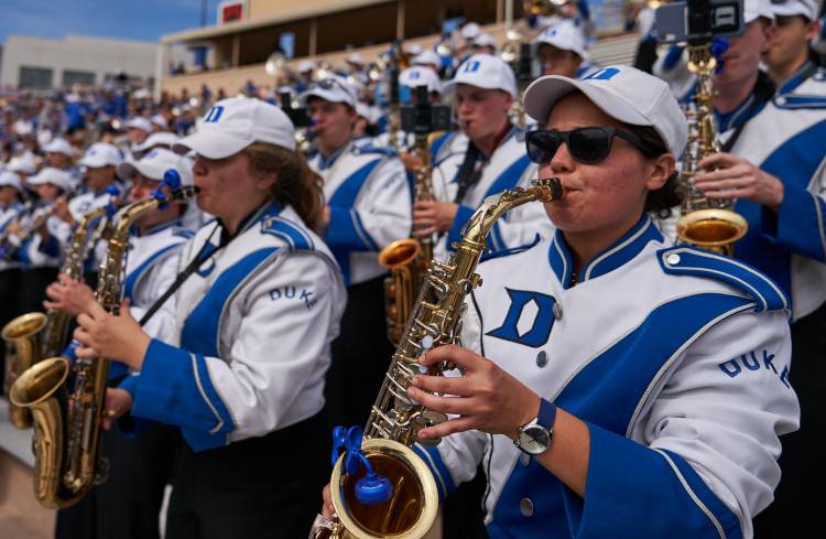 Gia Jadick '20 playing saxophone in the Duke Marching Band. Photo by Shiloh Creek Photography