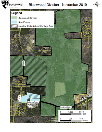 Map shows the new Meadow Flats addition to Duke Forest (lower left).