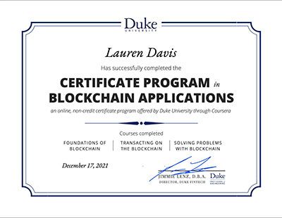 An example of a digital certificate given to students completing a sequence of courses on blockchain technology.