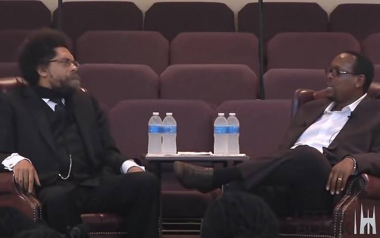 Philosopher Cornel West, left, and Mark Anthony Neal, right, speak during a 2011 episode of Left of Black. 