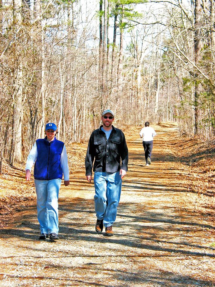 Duke Forest features 30 miles of gravel roads and 10 miles of hiking trails.