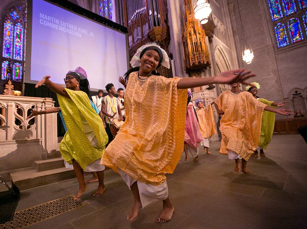 Collage Dance Company leads the processional during Duke University’s annual Martin Luther King Jr. commemoration on Sunday. Photos by Megan Mendenhall/Duke Photography