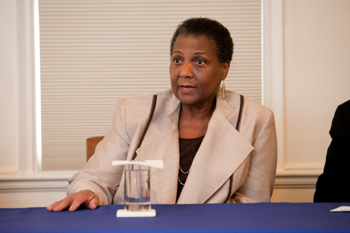 Wilhelmina Reuben-Cooke, at a news conference as part of ceremonies honoring the 50th anniversary of the arrival of the first black undergraduate students at Duke.