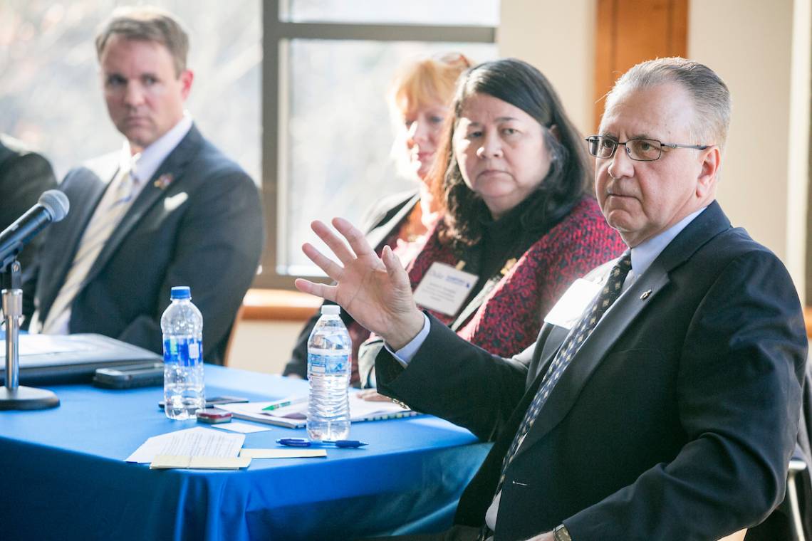 Col. (Ret) Dennis R. Lewis, of North Carolina Defense Technology Transition Office talks at a Duke Veterans Symposium and Workshop held Monday at the Sanford School of Public Policy. Photo by Bill Snead.