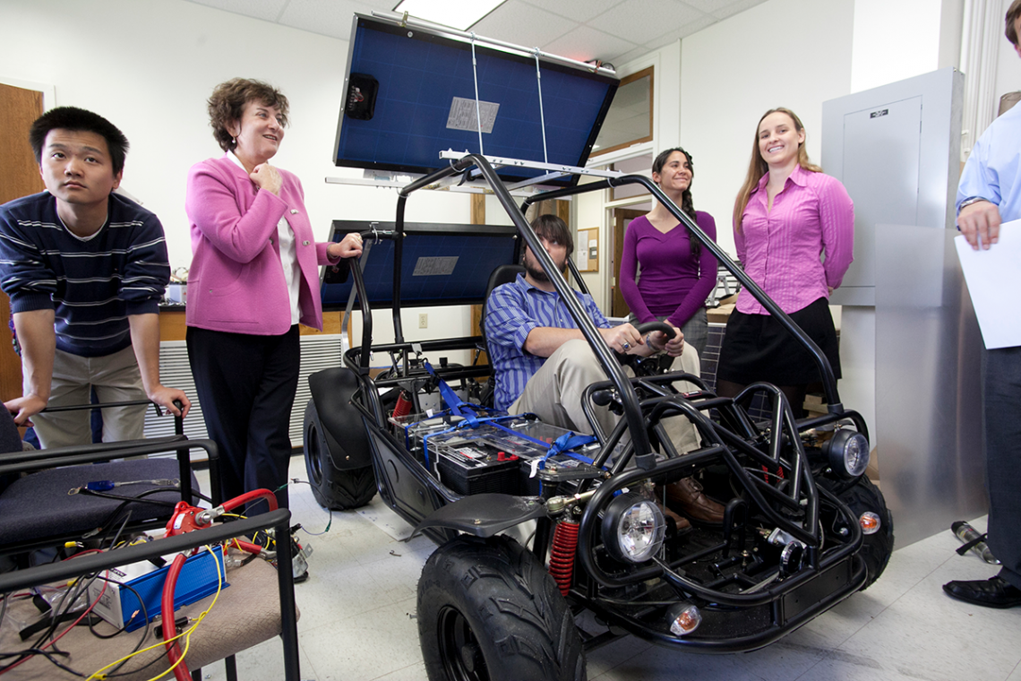 Undergraduate students in Energy & Environment present capstone projects to Emily M. Klein, professor and chair of Earth and Ocean Sciences of the Nicholas School of the Environment. A $20 million gift from the Grainger Family Descendants Fund will bolste