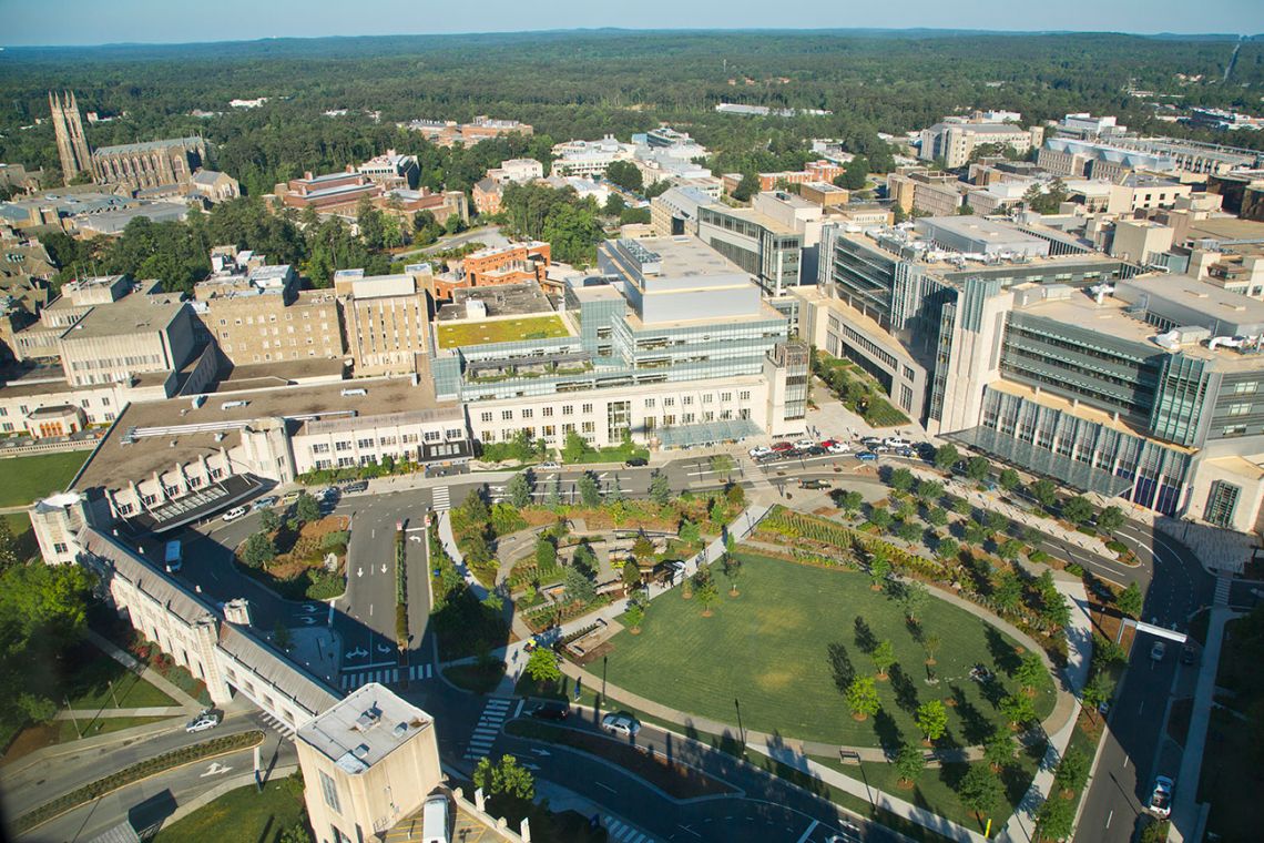 aerial photo of Duke Health complex on campus