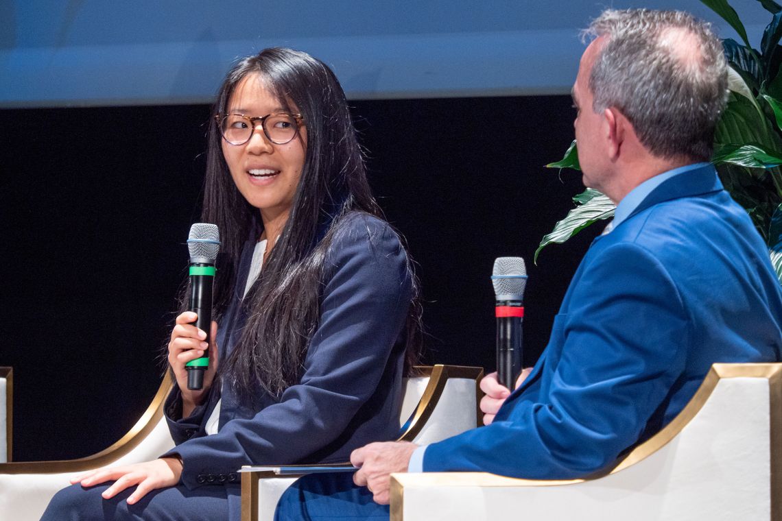 Claire Wang, international climate policy expert, talks with Professor Brian Murray. Photos by Bill Snead.