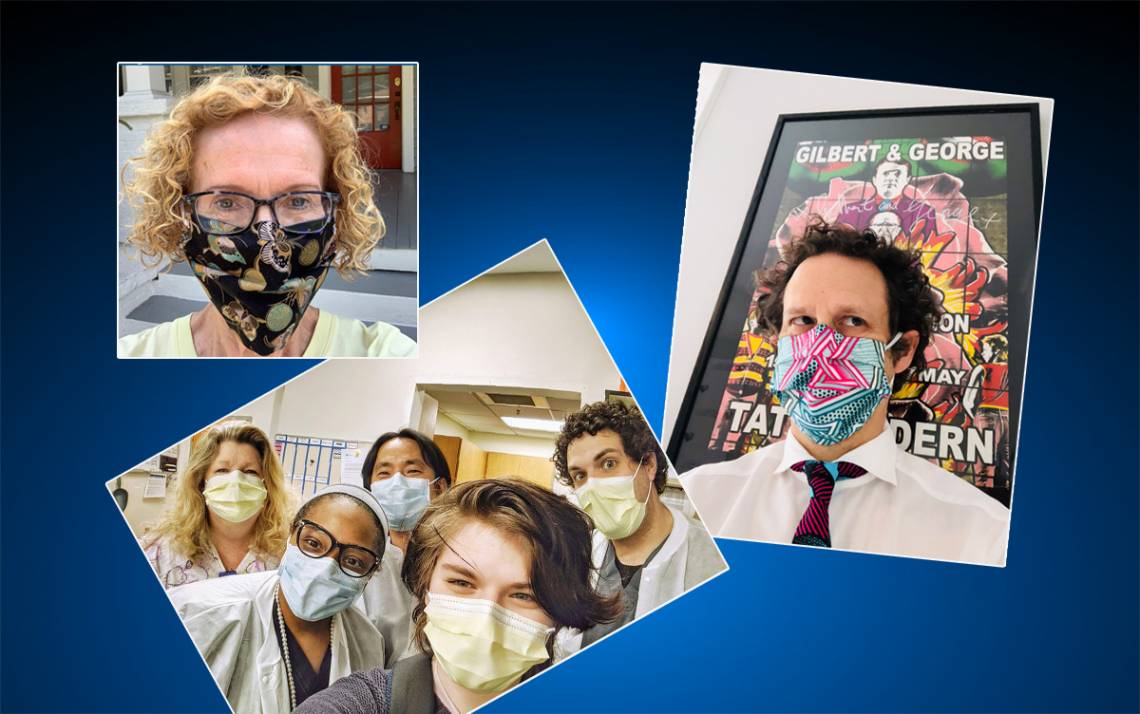 Left to right: Duke School of Nursing's Janice Humphreys, employees with Duke Raleigh Hospital and Duke Global Health Institute's Gavin Yamey show off their masks.