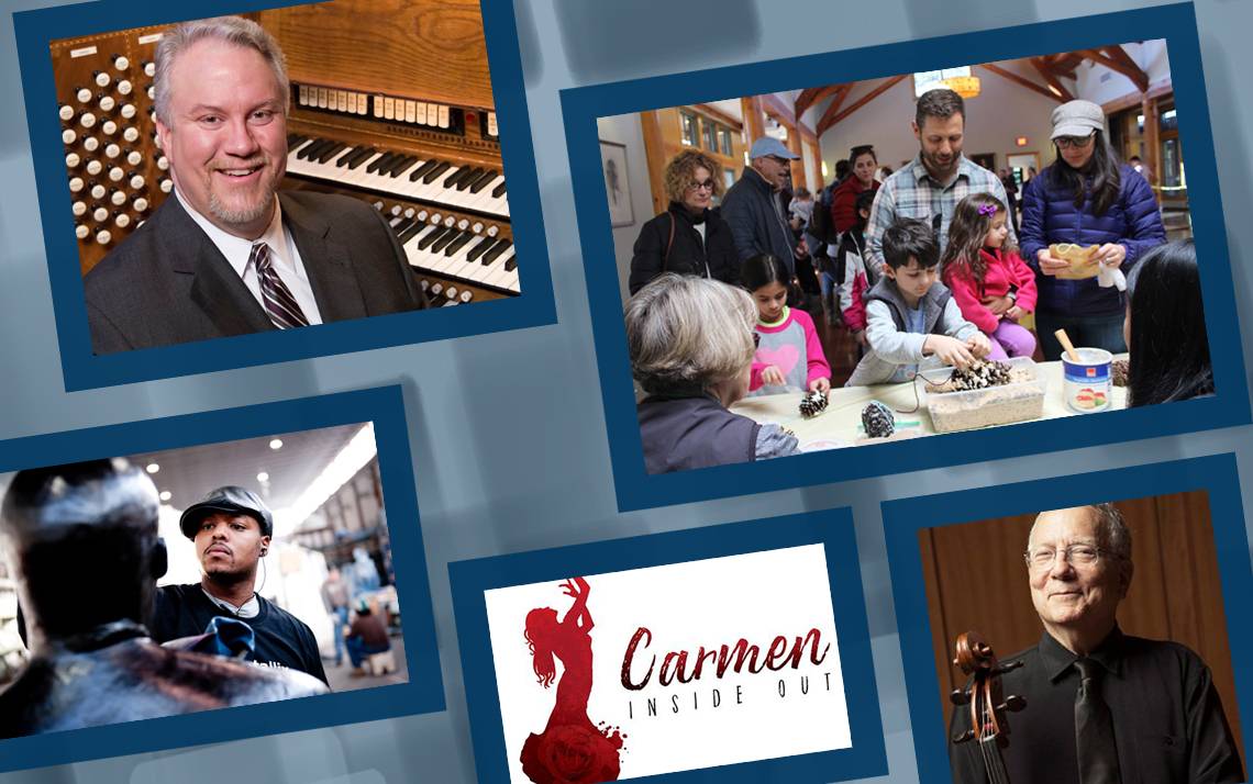 Clockwise from top left: Organist Eric Plutz, a group around a table, cellist Fred Raimi, poster for Carmen Inside Out and artist Titus Kaphar.