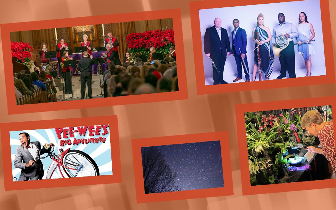 Collage of photos of musicians at Duke Chapel, musicians standing, people looking at flowers, stars and a movie poster.