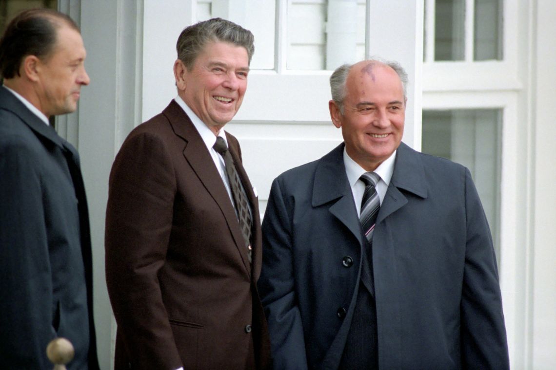 U.S President Reagan and Soviet General Secretary Gorbachev at the Hofdi House in Reykjavik, Iceland, during the Reykjavik Summit.