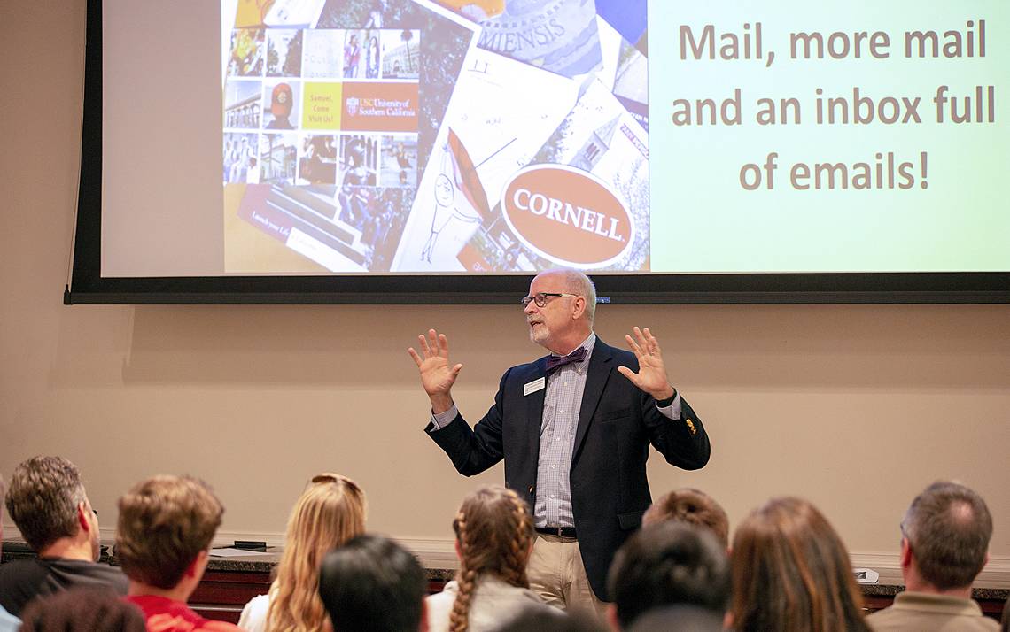 Dean of Undergraduate Admissions Christophe Guttentag speaks with parents at a recent College Admissions 101 Seminar. Photo courtesy of the Office of Undergraduate Admissions.