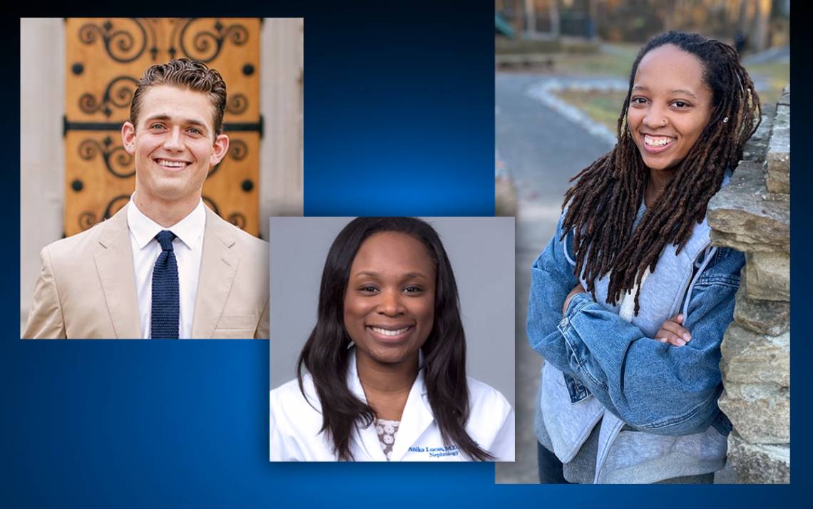 Left to right: John Amodeo, Anika Lucas and Tatayana Richardson received the 2021 Algernon Sydney Sullivan Award for their commitment to service.