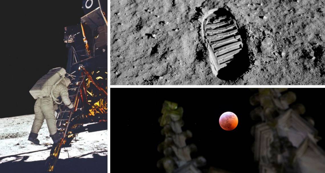 Memorable images of the moon: Buzz Aldrin taking his first step; footprints remain mostly intact on the moon's surface; and a lunar eclipse, as seen from Duke's campus.