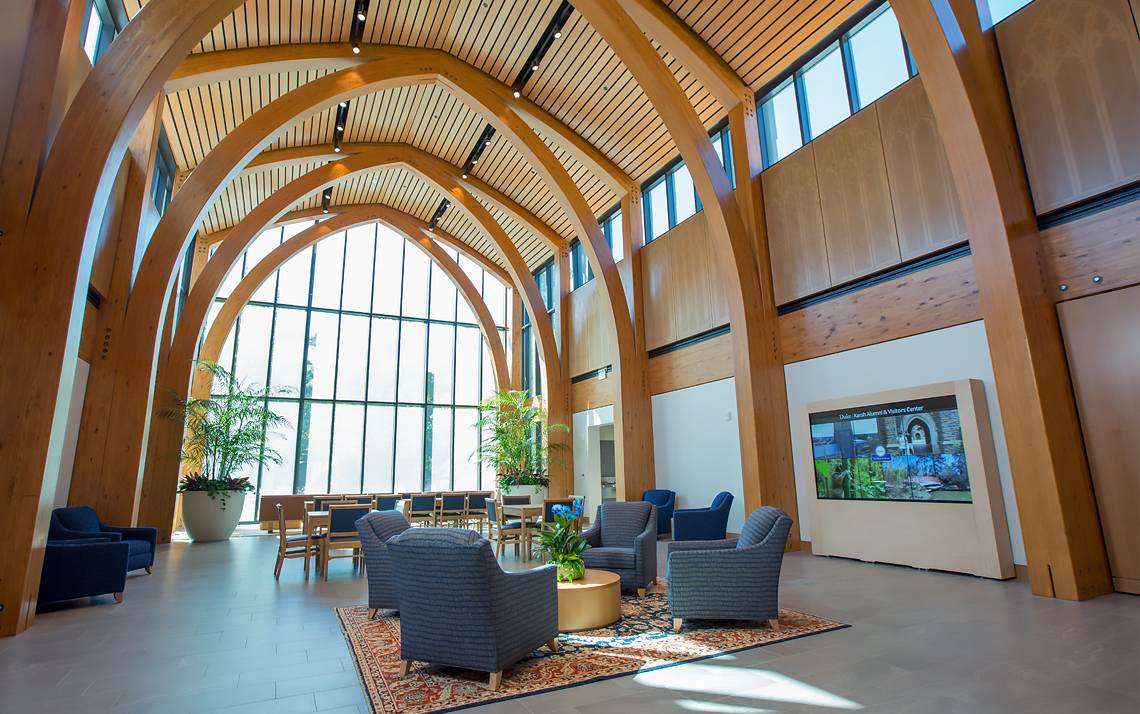 The Pitts Family Atrium provides a stunning welcome to the Karsh Alumni and Visitors Center. Photo courtesy of Duke Alumni Affairs.