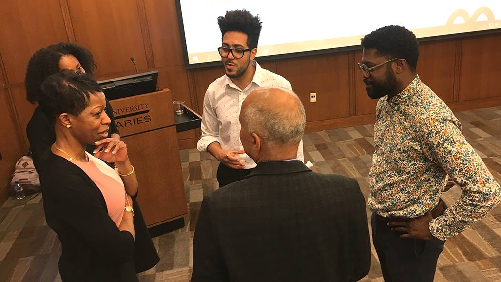 Dean Valerie Ashby (left) and Vice Provost Abbas Benmamoun (back to camera), spoke with Patrice Douglass, Gustavo Silva and Jarvis McInnis at the kick off of Black Think Tank.