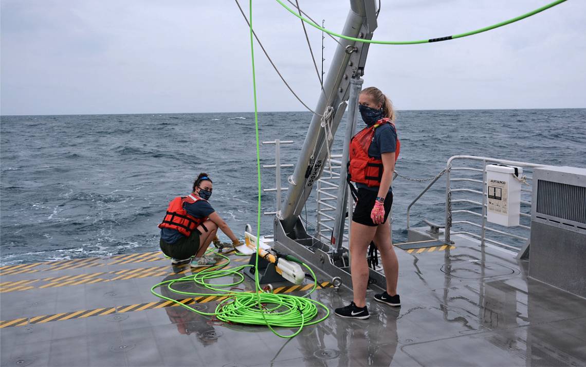 Researchers prepare to launch magnetometer from the deck fo the R/V Shearwater during a recent trip to search for shipwrecks. Photo courtesy of Matthew Dawson.