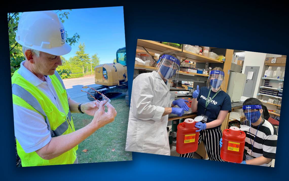 Two pictures of Duke employees being safe.