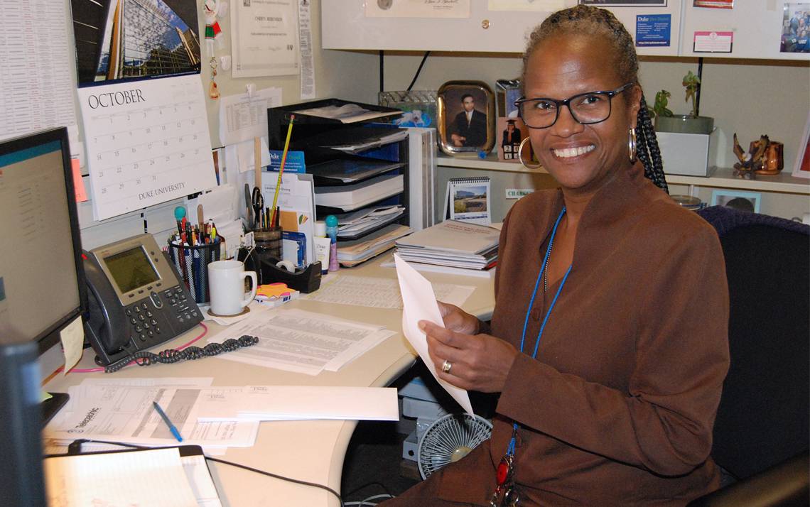 Duke Annual Fund Staff Assistant Cheryl Robinson turned a miscue at work into an opportunity to grow. Photo by Stephen Schramm.